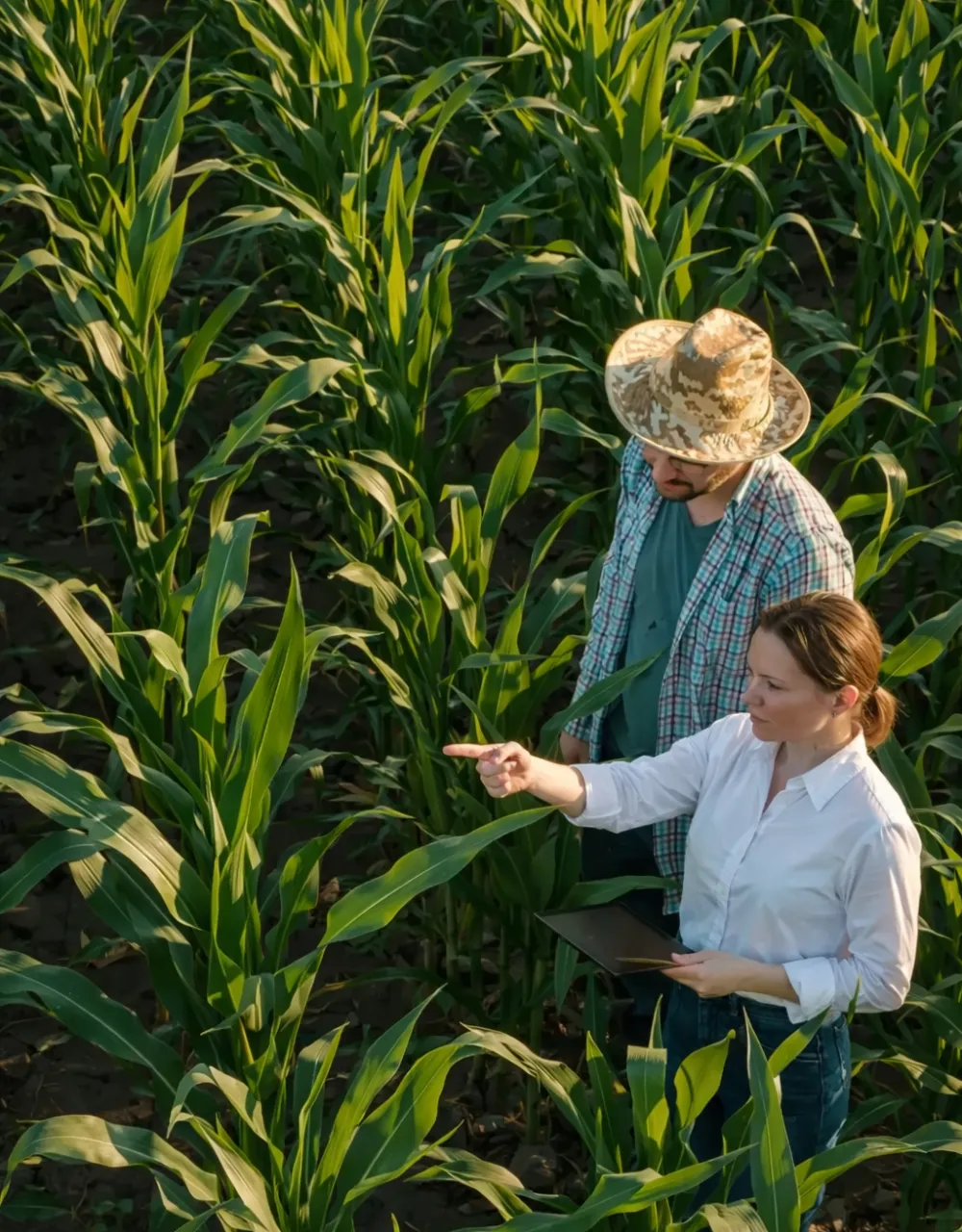 Two farmers surveying their crops. 