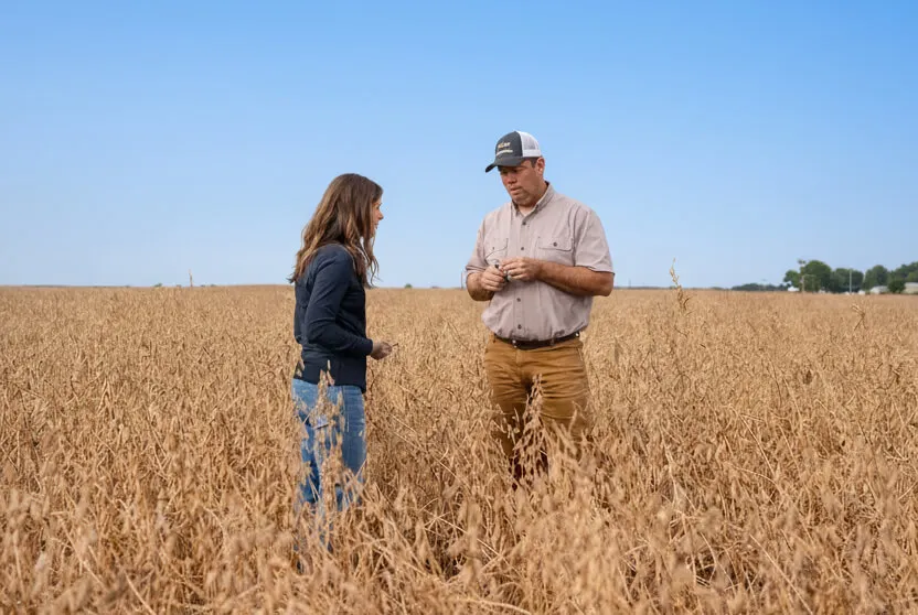 Farmers standing in a field of crops. 