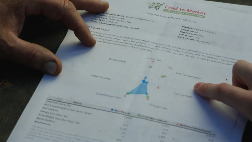 Farmer reviewing Fieldprint results document. 