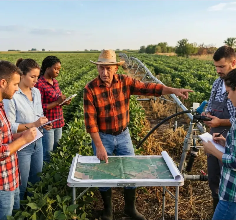 Farmer reviewing crop plans with farm staff. 