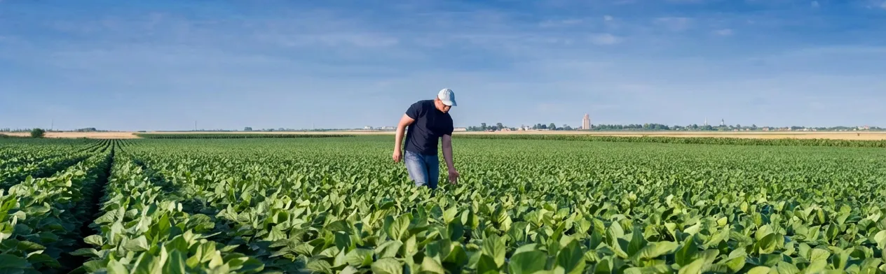 A farmer walking through his field of crops. 