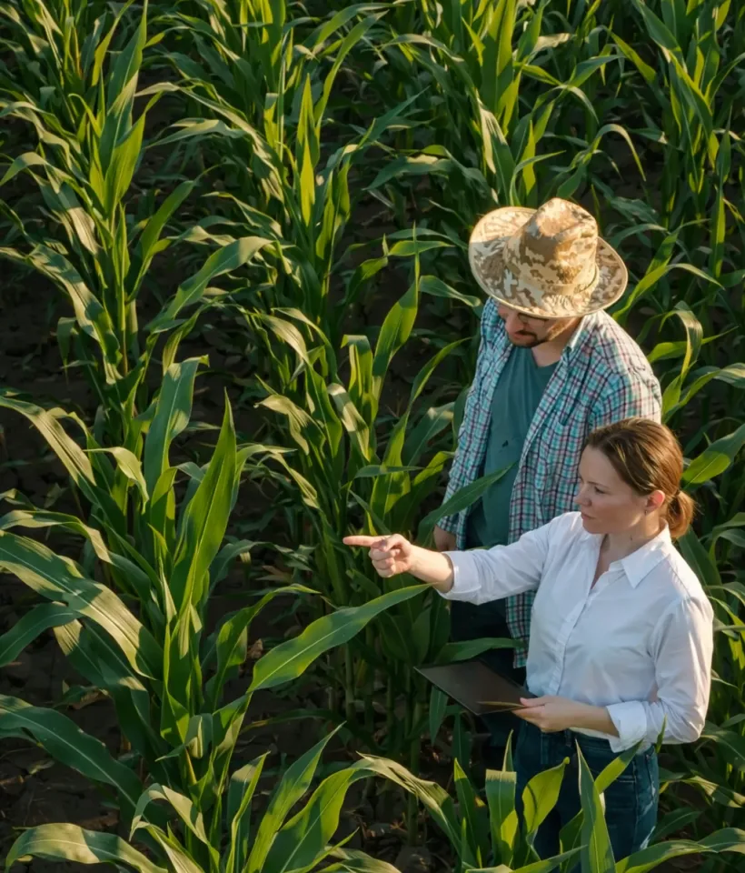 Farmers standing in a field of crops. 