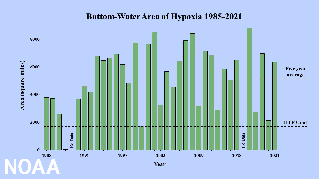 Figure 2.3.10. Area of the Gulf of Mexico Hypoxic Zone from 1985 to 2021. (National Oceanic and Atmospheric Administration, 2021)